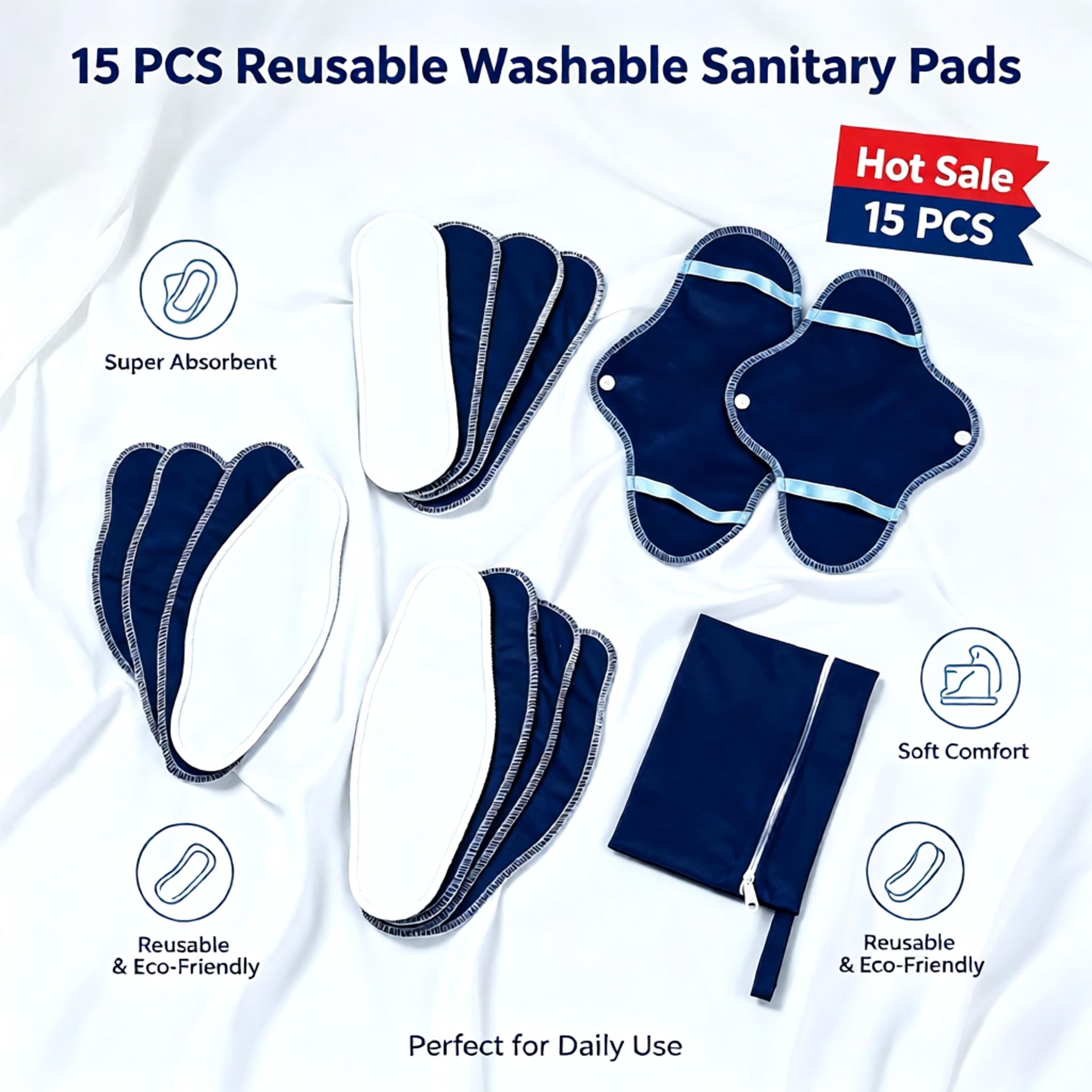 Cloth Pad Reusable - 15枚入り 再利用可能 洗濯可能 布製生理用ナプキン 漏れ防止 吸収性